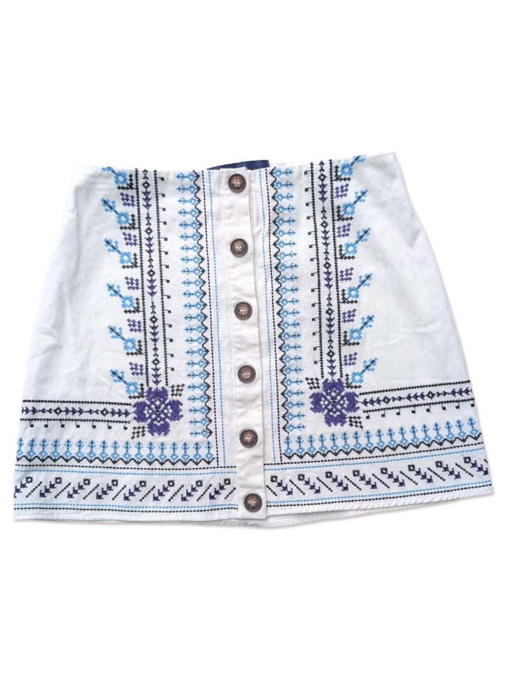 Button Front Embroidered Mini Skirt, Size M
